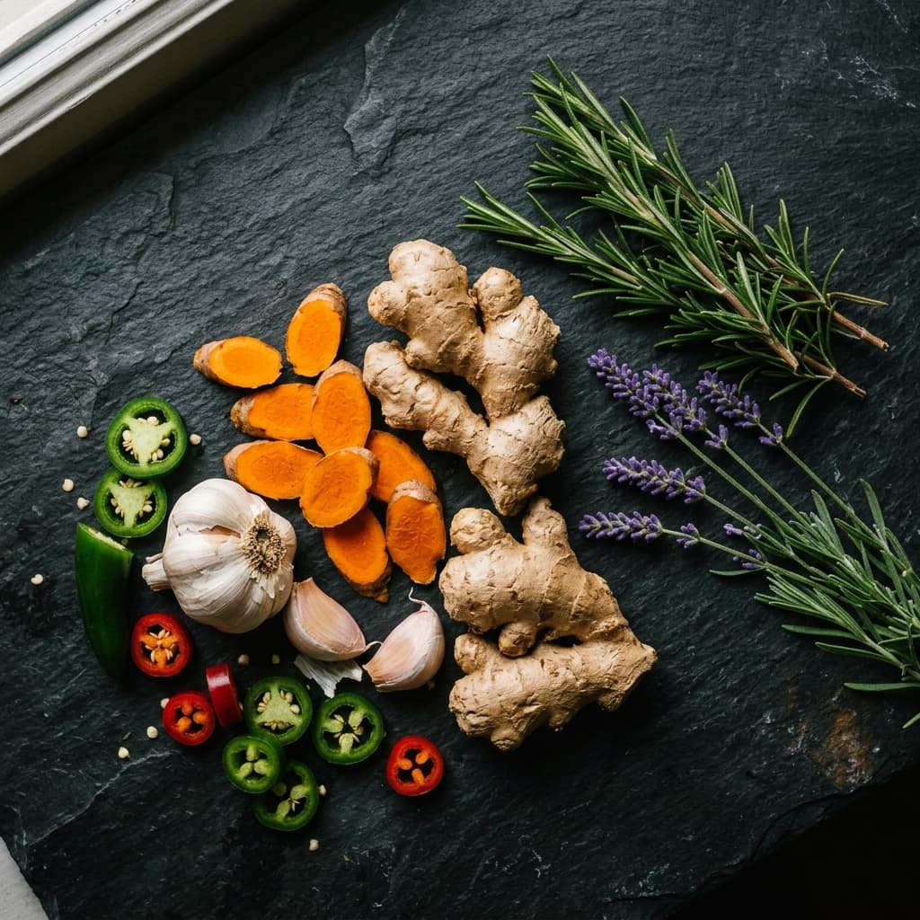 Premium raw fire cider ingredients flat lay arrange on black slate