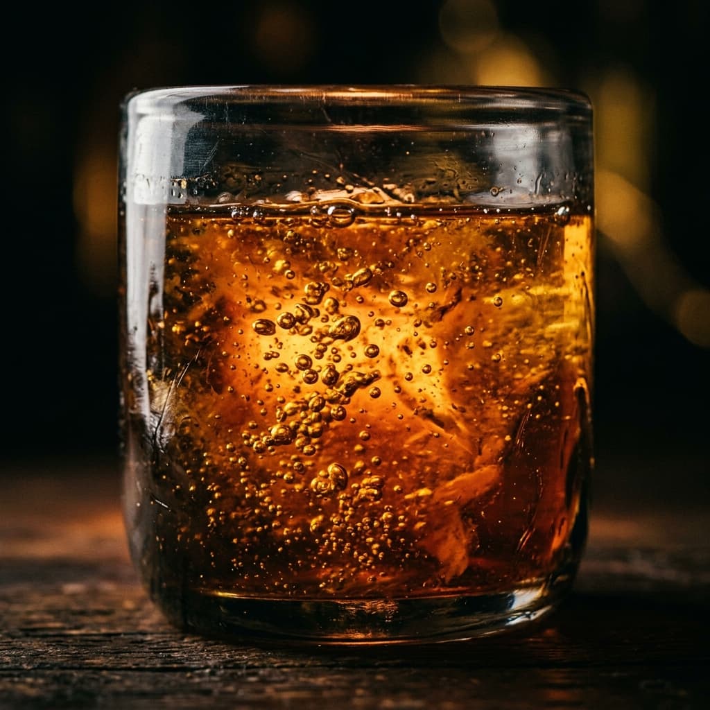 A pour of Flare fire cider in a glass on a wooden market table