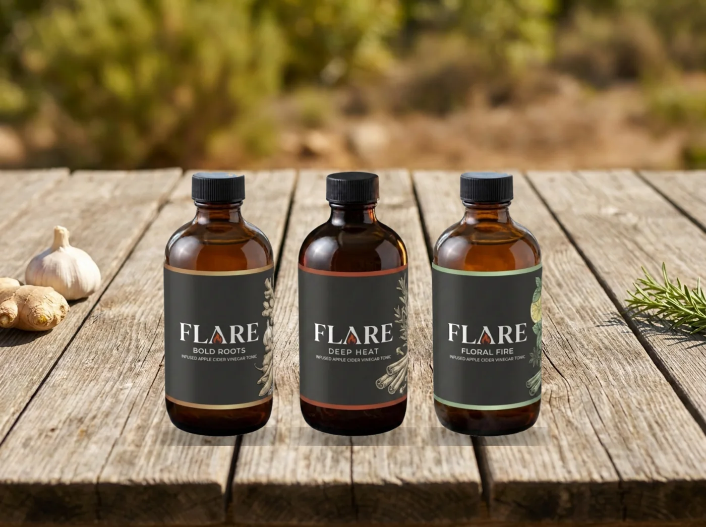 All three Flare blends standing together on a weathered wooden table outdoors